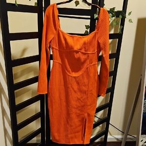 Fashion Nova Orange Ribbed Long Sleeve Dress